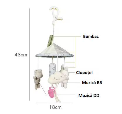 Jucărie muzicală cu clopoței pentru pătuț și cărucior bebeluși